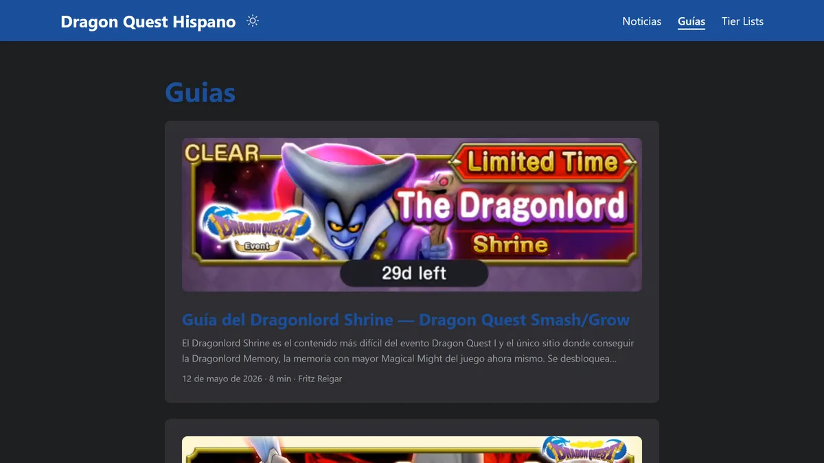 Sección de guías de dragonquesthispano.com, con las fichas ilustradas de cada guía