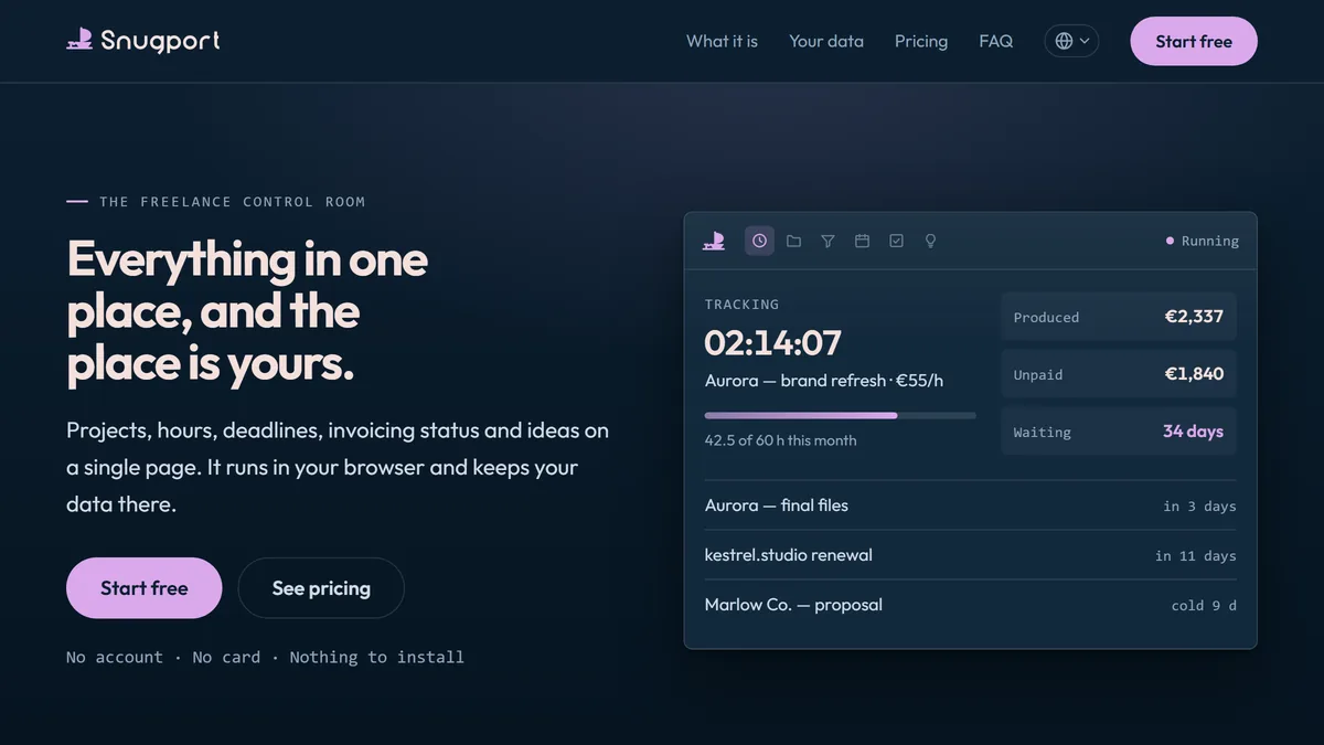 Portada de snugport.app: el tracker de horas en marcha junto a los importes producido, pendiente de cobro y en espera